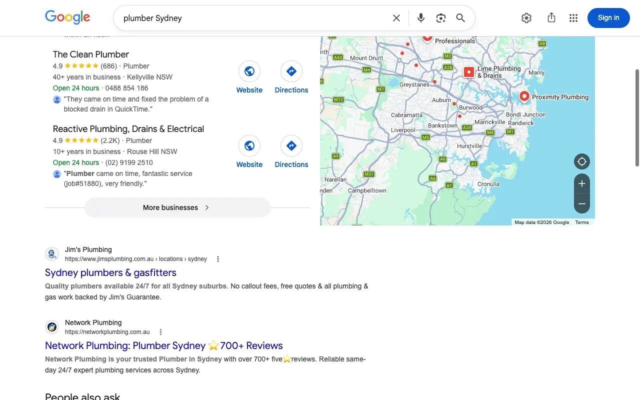 Google Maps 3-pack for plumber Sydney showing directory citation signals at work