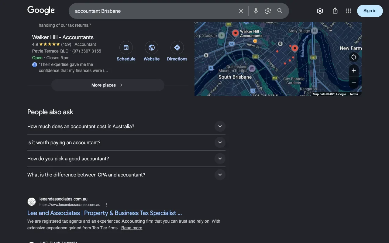 Google Maps 3-pack showing accountants in Brisbane — optimised GBP listings