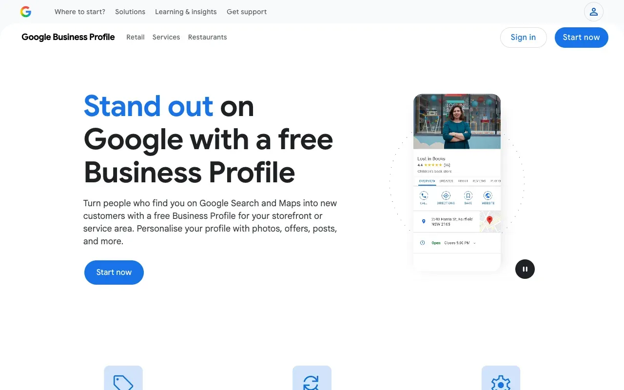 Google Business Profile manager homepage at business.google.com