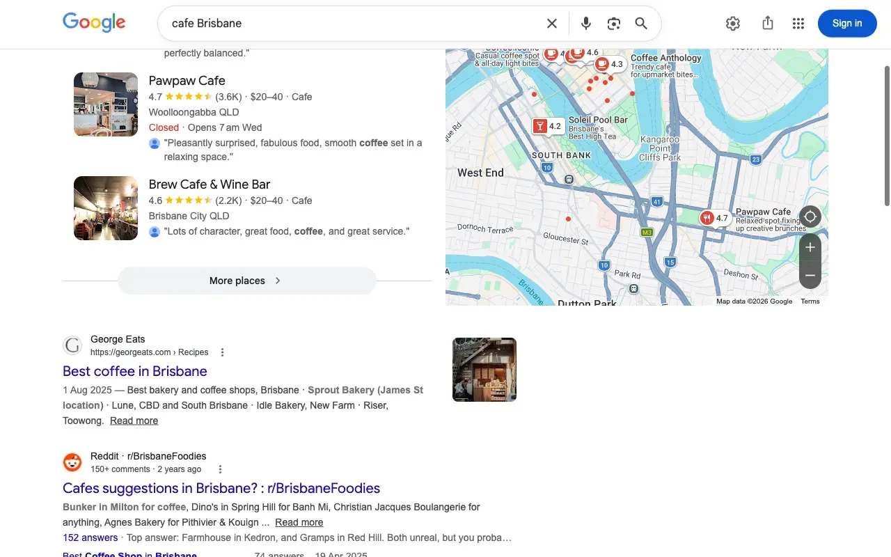 Google search results showing Maps 3-pack appearing above organic results for cafe Brisbane