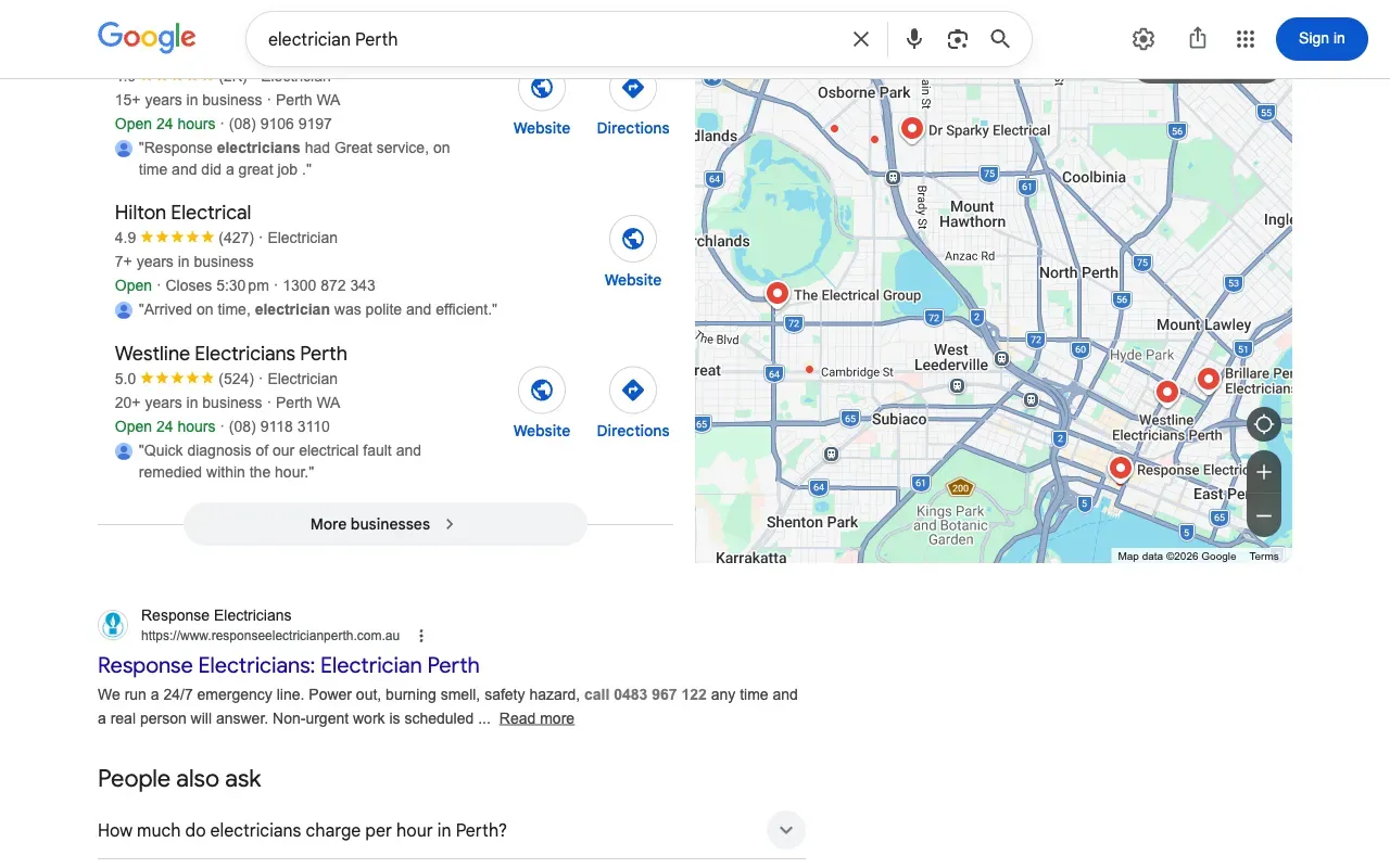 Google Maps 3-pack showing three electrician listings in Perth with map