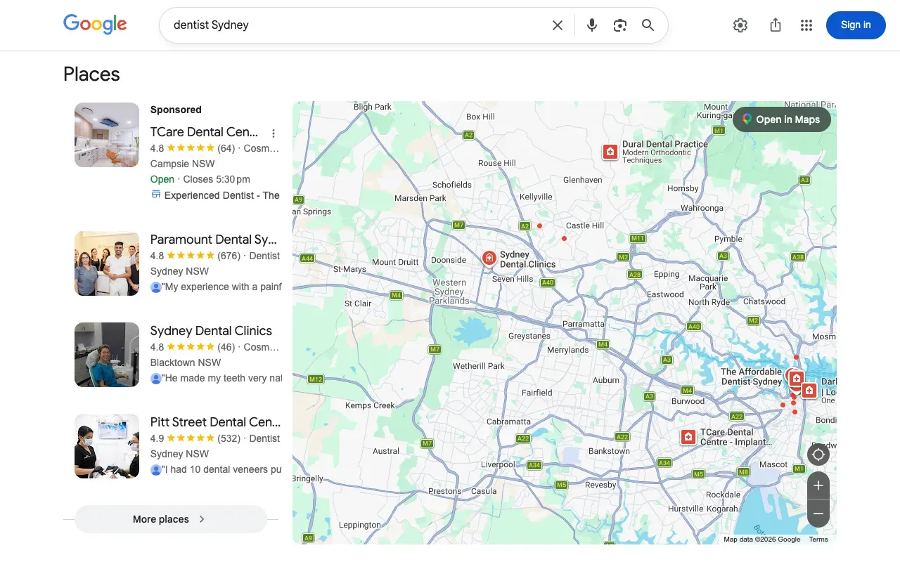 Google Maps 3-pack for dentists in Sydney showing review counts and star ratings