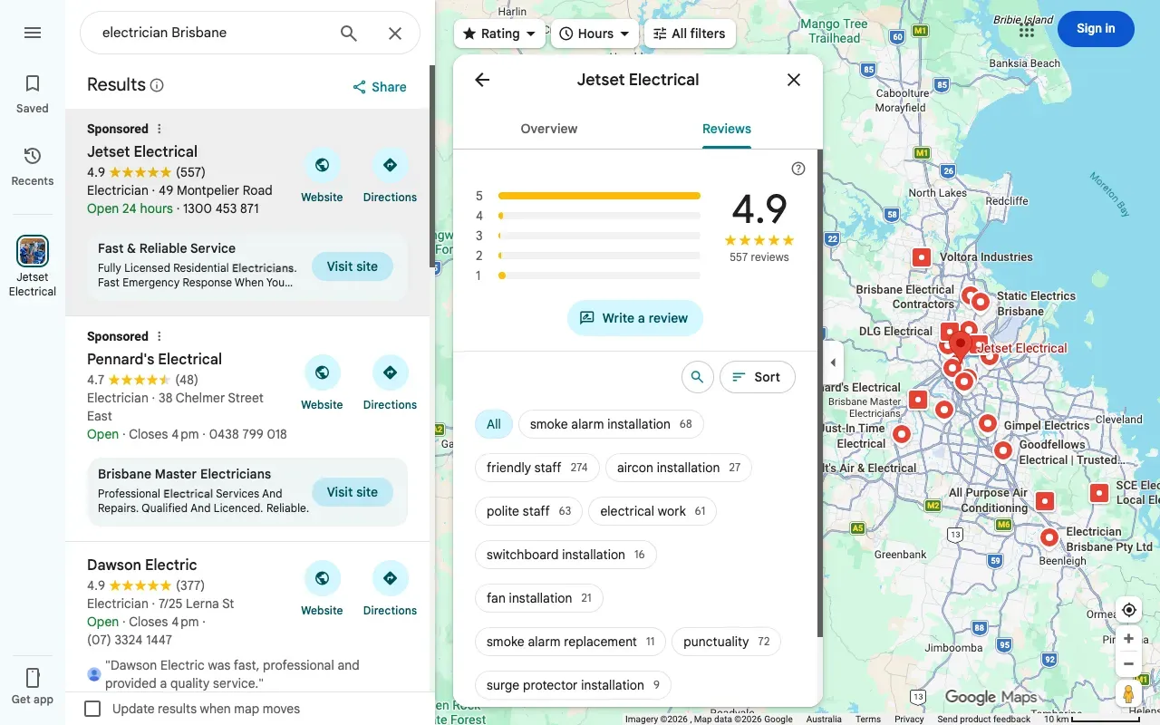 Google Business Profile reviews section showing star rating and review count