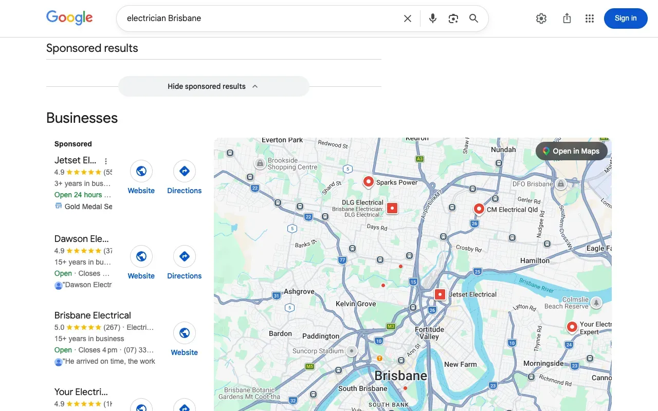 Google Maps 3-pack showing star ratings for electricians in Brisbane