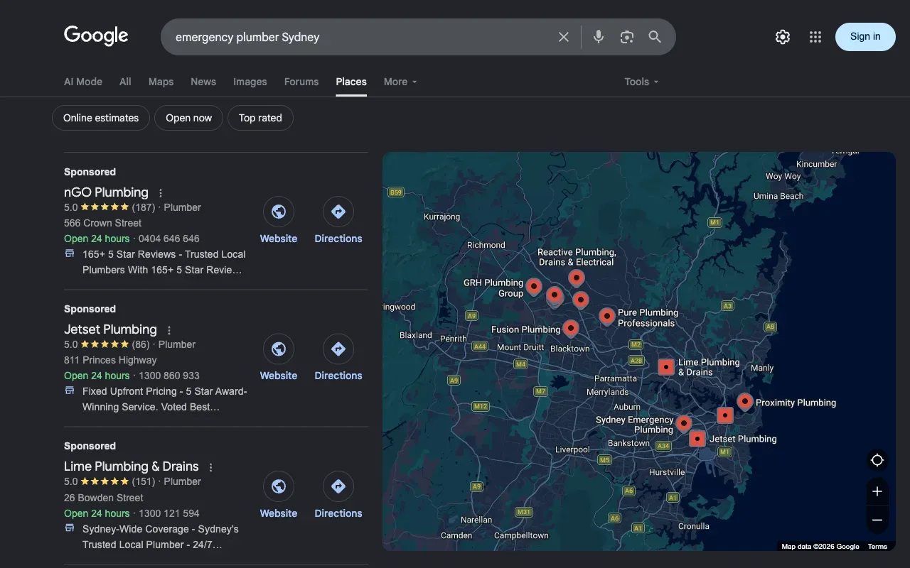 Google local Places results for emergency plumber Sydney with map and business listings
