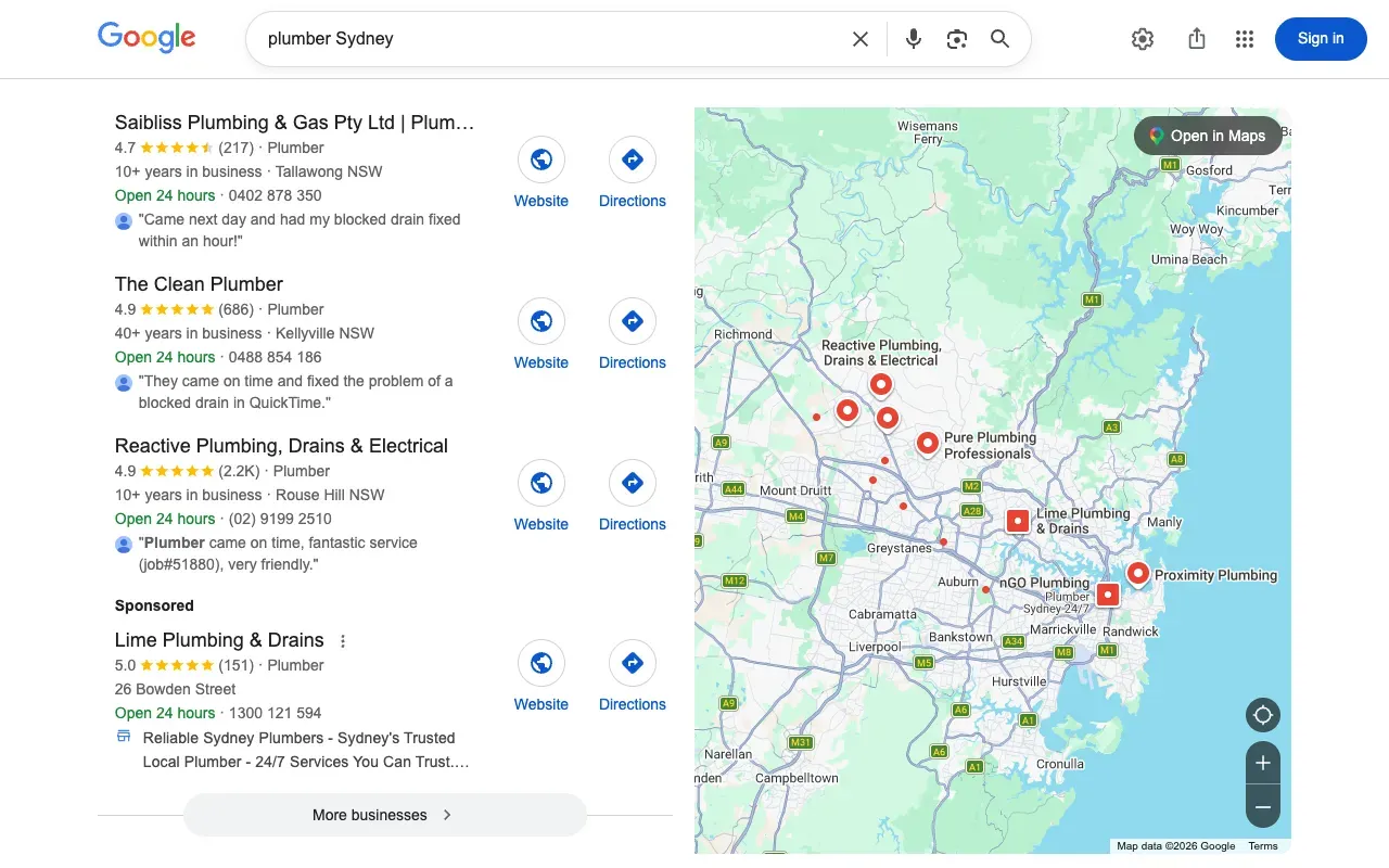 Google Maps 3-pack showing local plumbers in Sydney search results