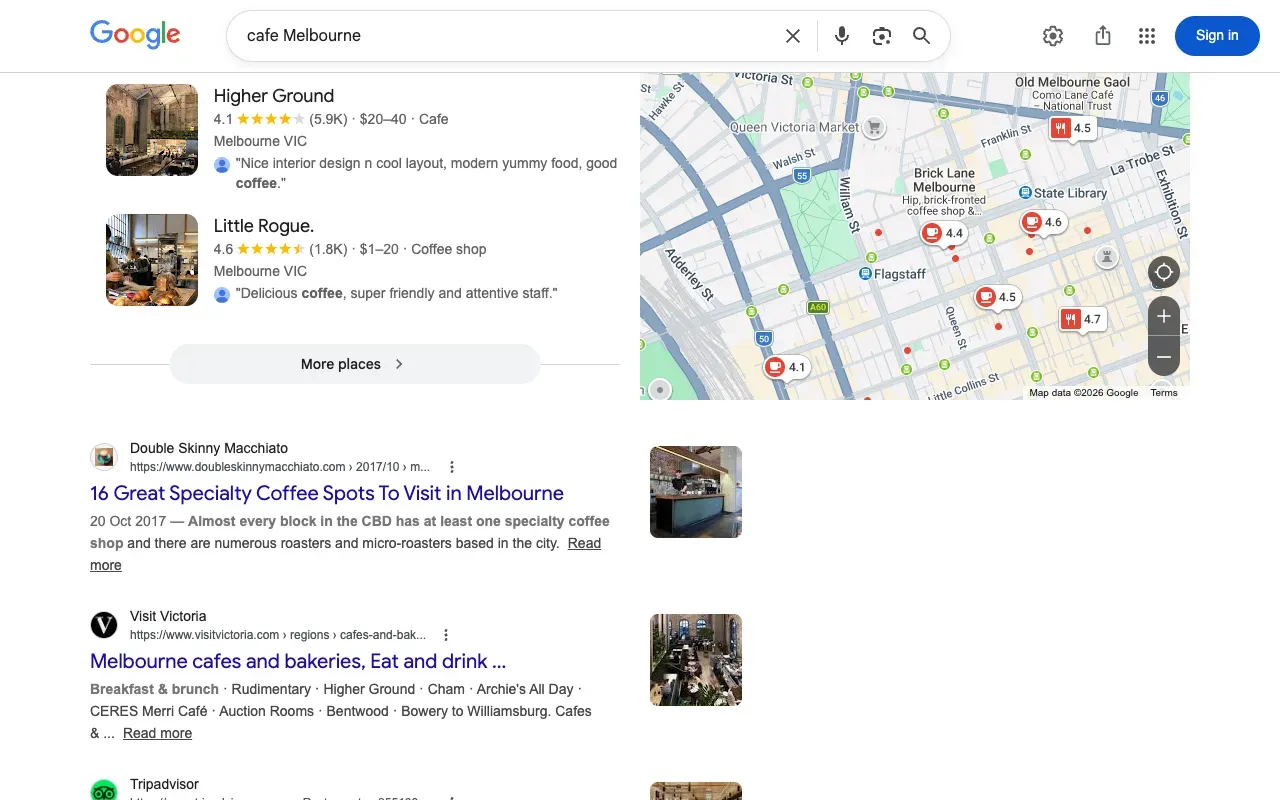 Local SEO results showing Maps pack and organic listings for cafe Melbourne
