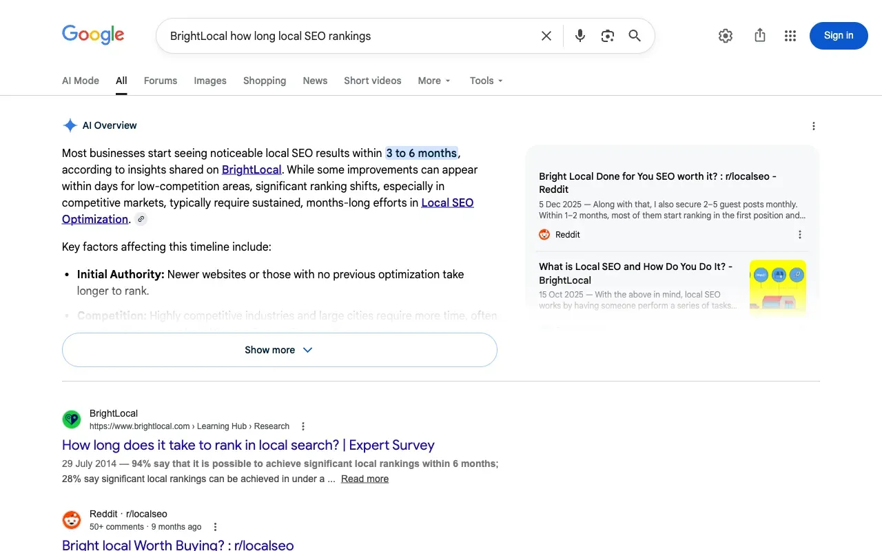 BrightLocal local SEO ranking timeline study result in Google