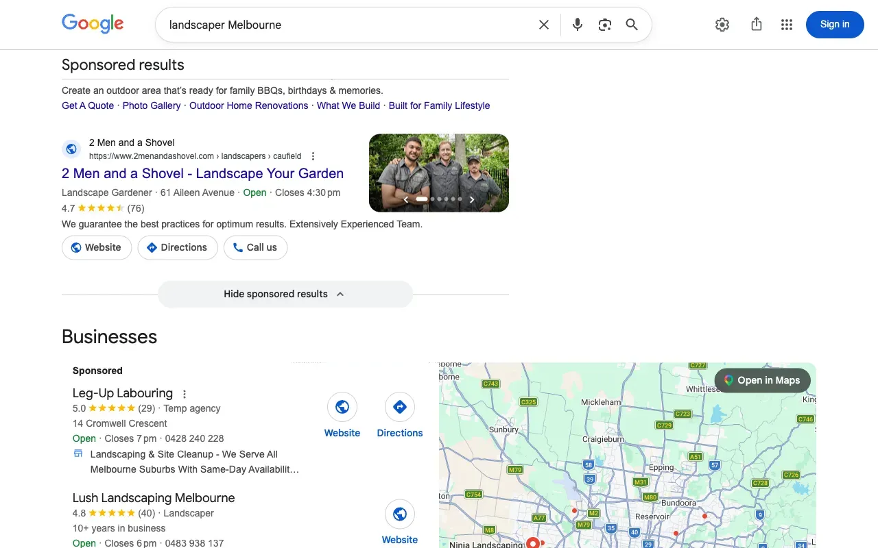 Google Maps 3-pack for landscapers in Melbourne showing local search results