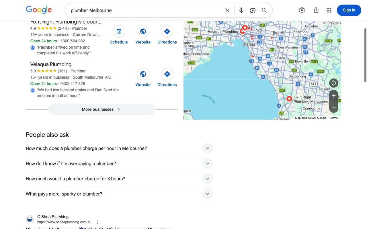 Google Maps pack for plumbers in Melbourne showing organic local SEO dominance