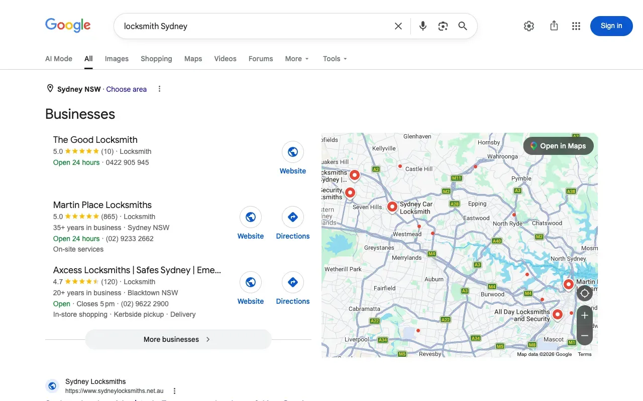 Google search results showing Google Ads, Maps pack, and organic results for locksmith Sydney