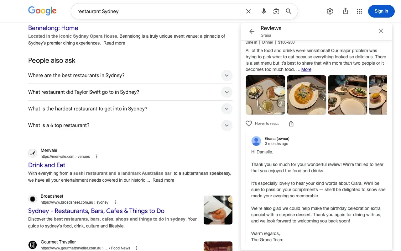 Google Business Profile showing restaurant reviews with owner responses in Sydney