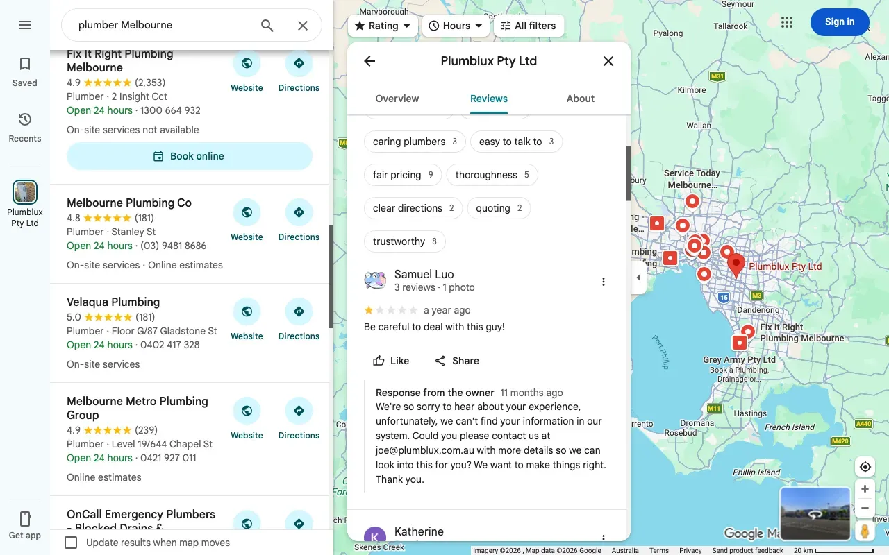 Google Business Profile reviews section showing owner response to a negative review